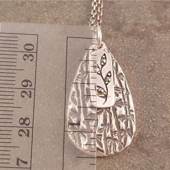 Sterling Silver Artisan Textured Tear Drop Marcasite Twig Tag Necklace - Picture 5 of 7